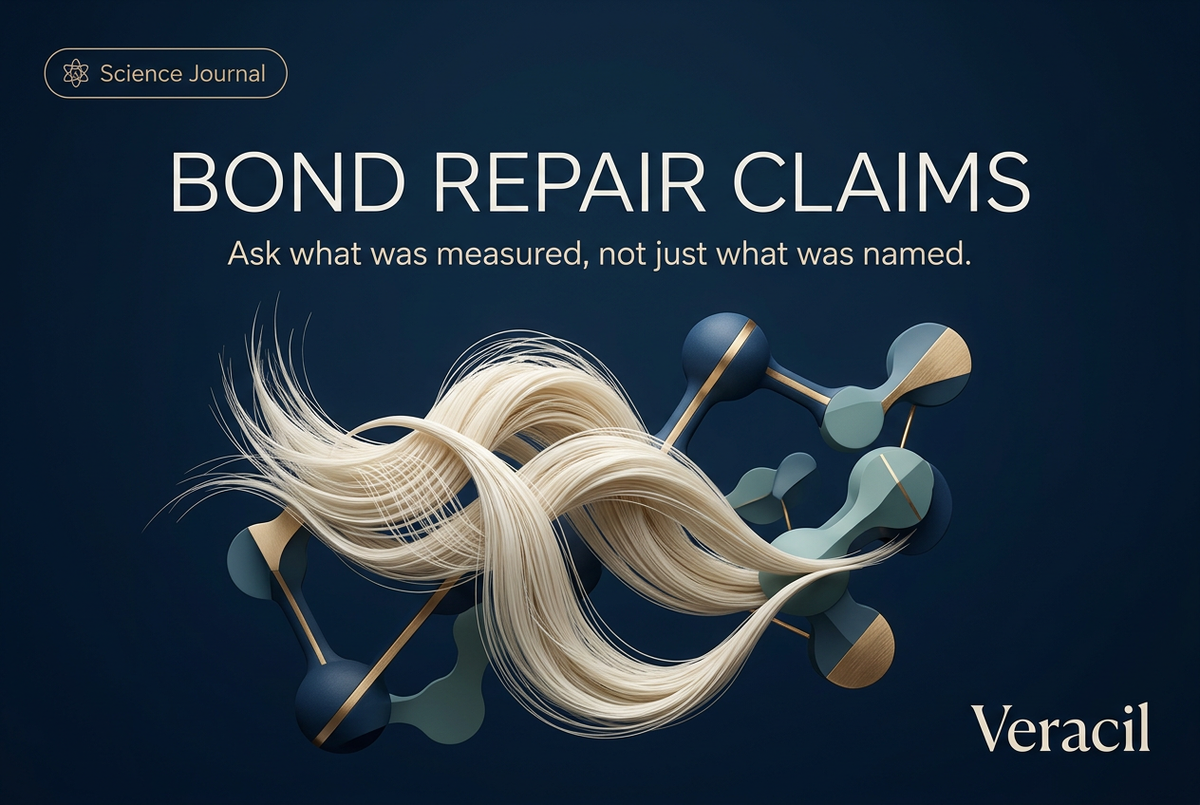 Veracil Science Journal navy editorial illustration of sculptural ivory hair and abstract molecular shapes, titled Bond Repair Claims with the subtitle Ask what was measured, not just what was named.