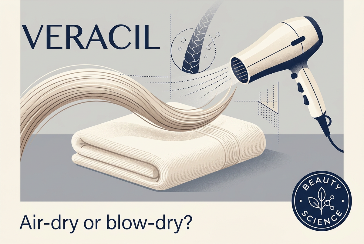 Veracil illustration of a hairdryer, flowing hair and folded towel with the caption Air-dry or blow-dry?