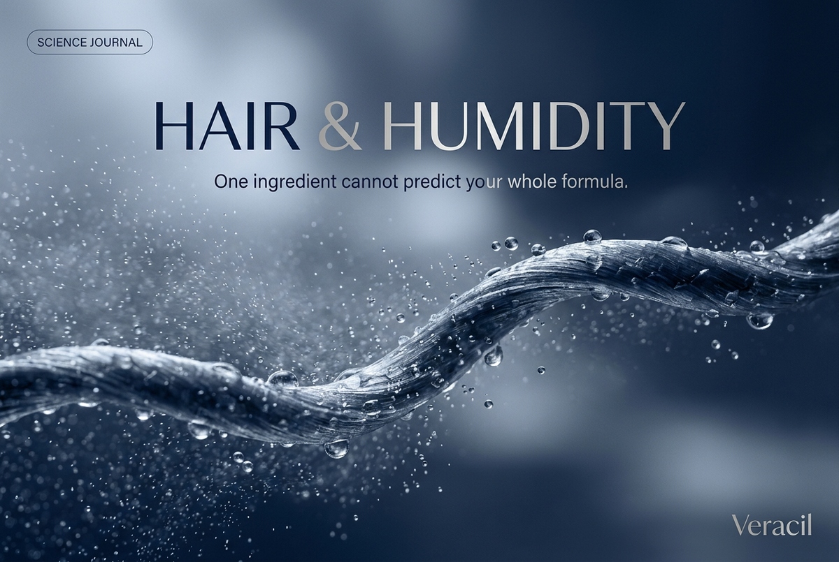 Veracil Science Journal navy-and-silver editorial illustration of hair fibers surrounded by water droplets, titled Hair & Humidity with the subtitle One ingredient cannot predict your whole formula.