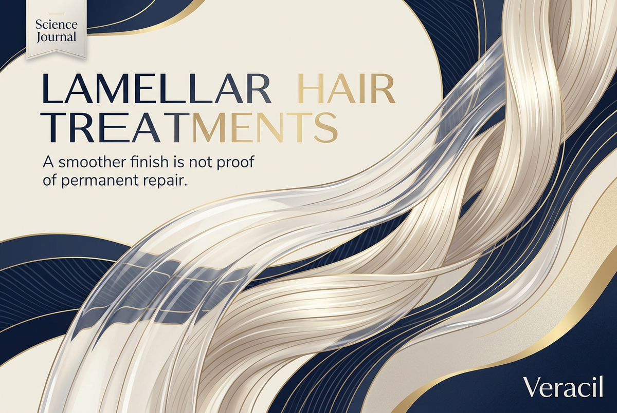 Veracil Science Journal editorial illustration of ivory hair fibers and translucent layered ribbons on navy, titled Lamellar Hair Treatments with the subtitle A smoother finish is not proof of permanent repair.