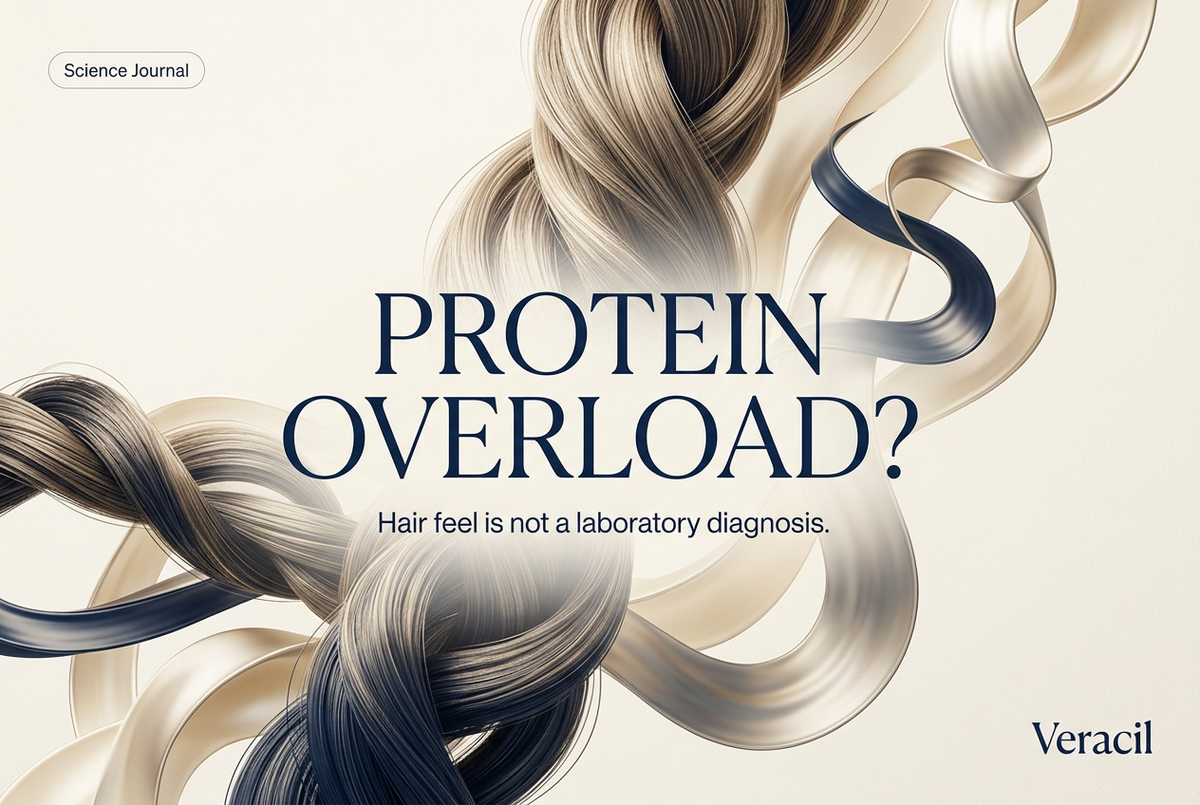 Veracil Science Journal illustration of sculptural hair fibers and peptide-inspired ribbons, titled Protein Overload? with the subtitle Hair feel is not a laboratory diagnosis.