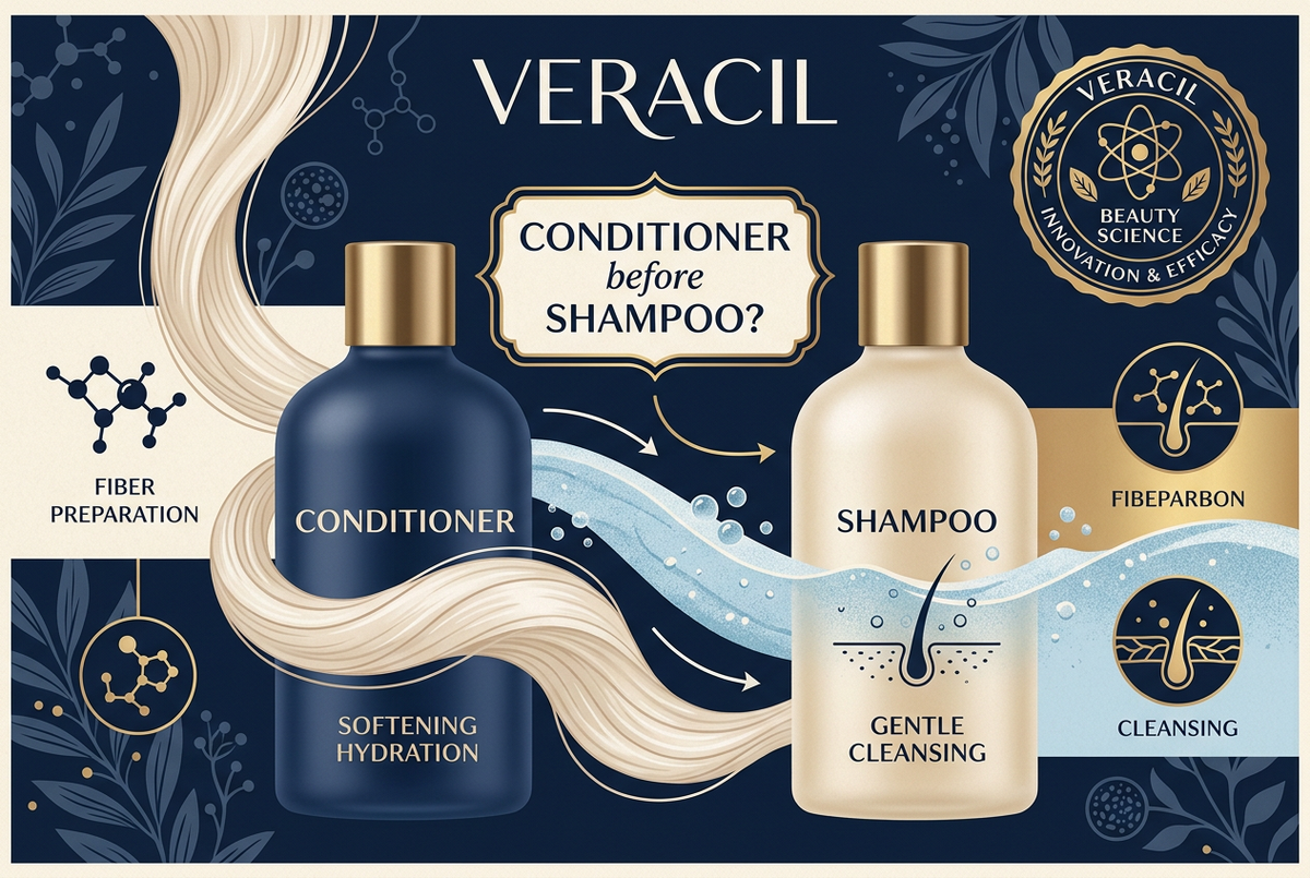 Veracil navy-and-cream illustration showing conditioner and shampoo bottles beside flowing hair, with the question Conditioner before shampoo?