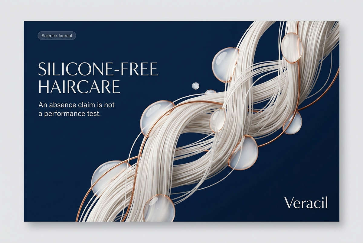 Veracil Science Journal editorial illustration of ivory hair fibers and translucent droplets on navy, titled Silicone-Free Haircare with the subtitle An absence claim is not a performance test.