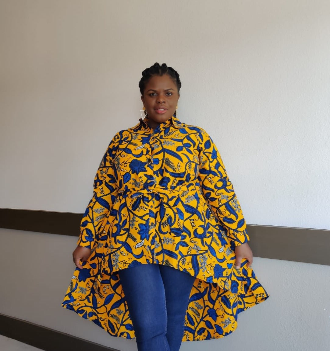 Kente African Print High-Low Button-Up Shirt – Blue Yellow, 100% Cotton