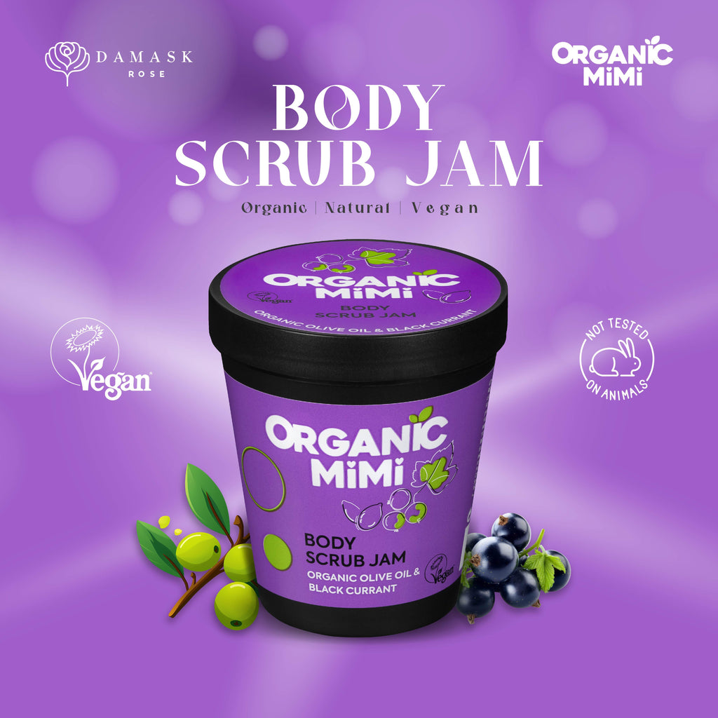 Organic Mimi Body Scrub Jam – Olive & Black Currant, 250g
