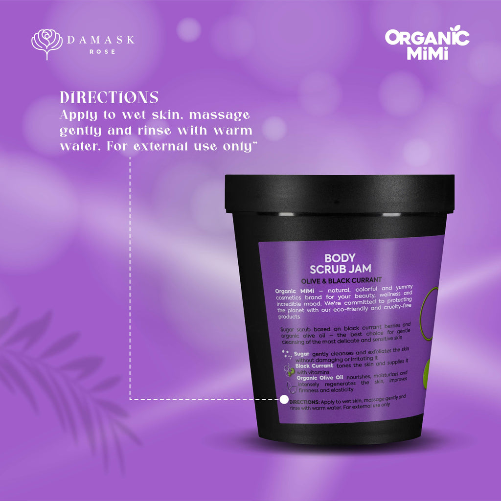 Organic Mimi Body Scrub Jam – Olive & Black Currant, 250g