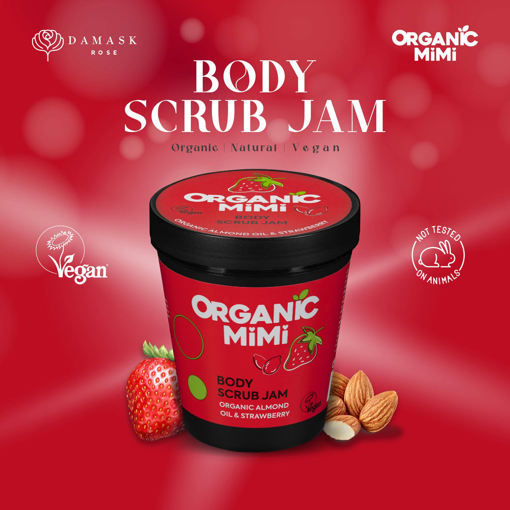 Organic Mimi Body Scrub Jam – Almond & Strawberry, 250g