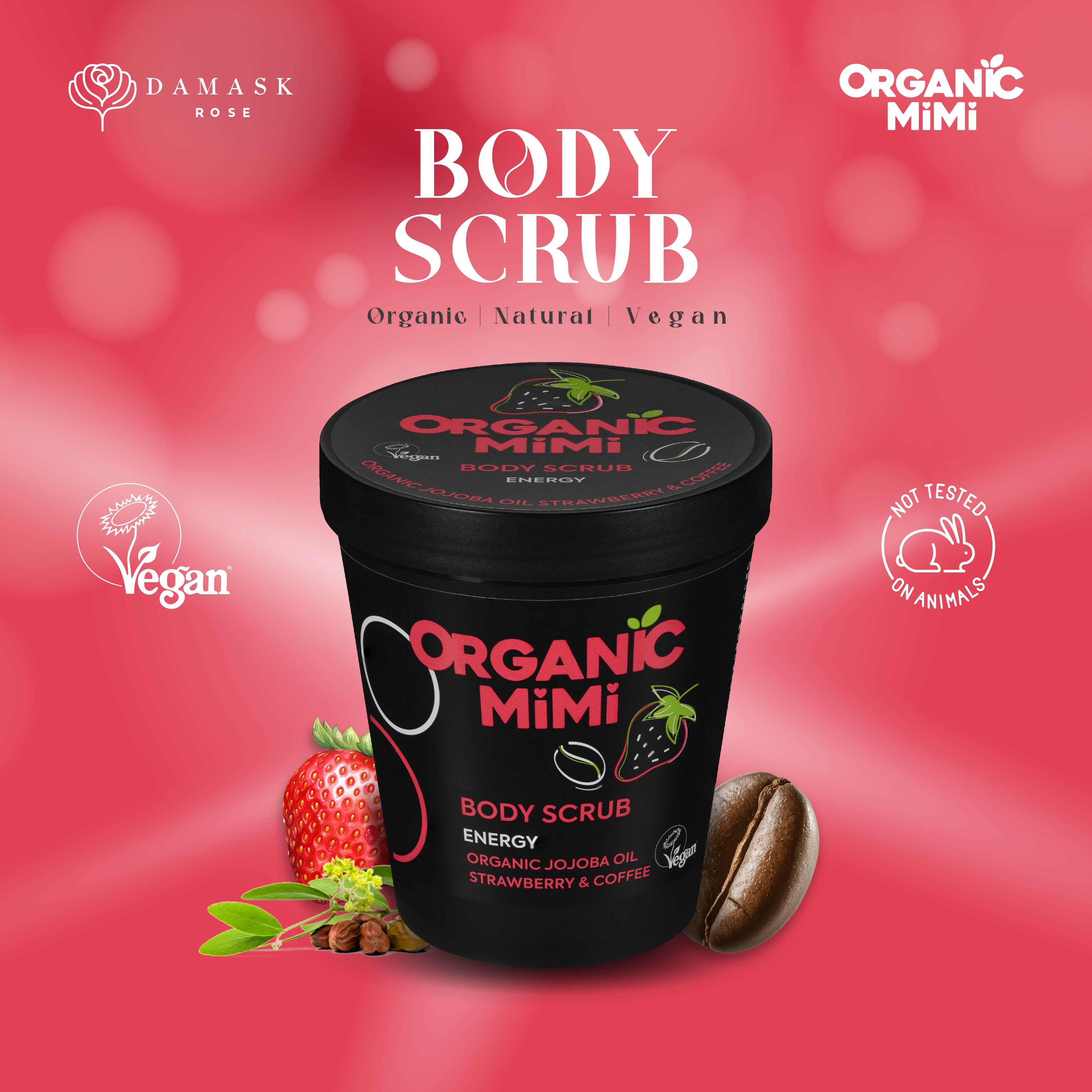 Organic Mimi Energy Body Scrub – Strawberry & Coffee, 250g