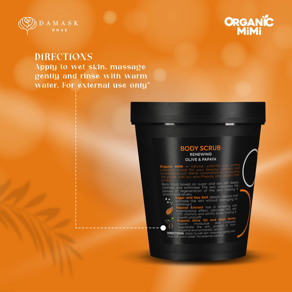 Organic Mimi Renewing Body Scrub – Olive & Papaya, 250g