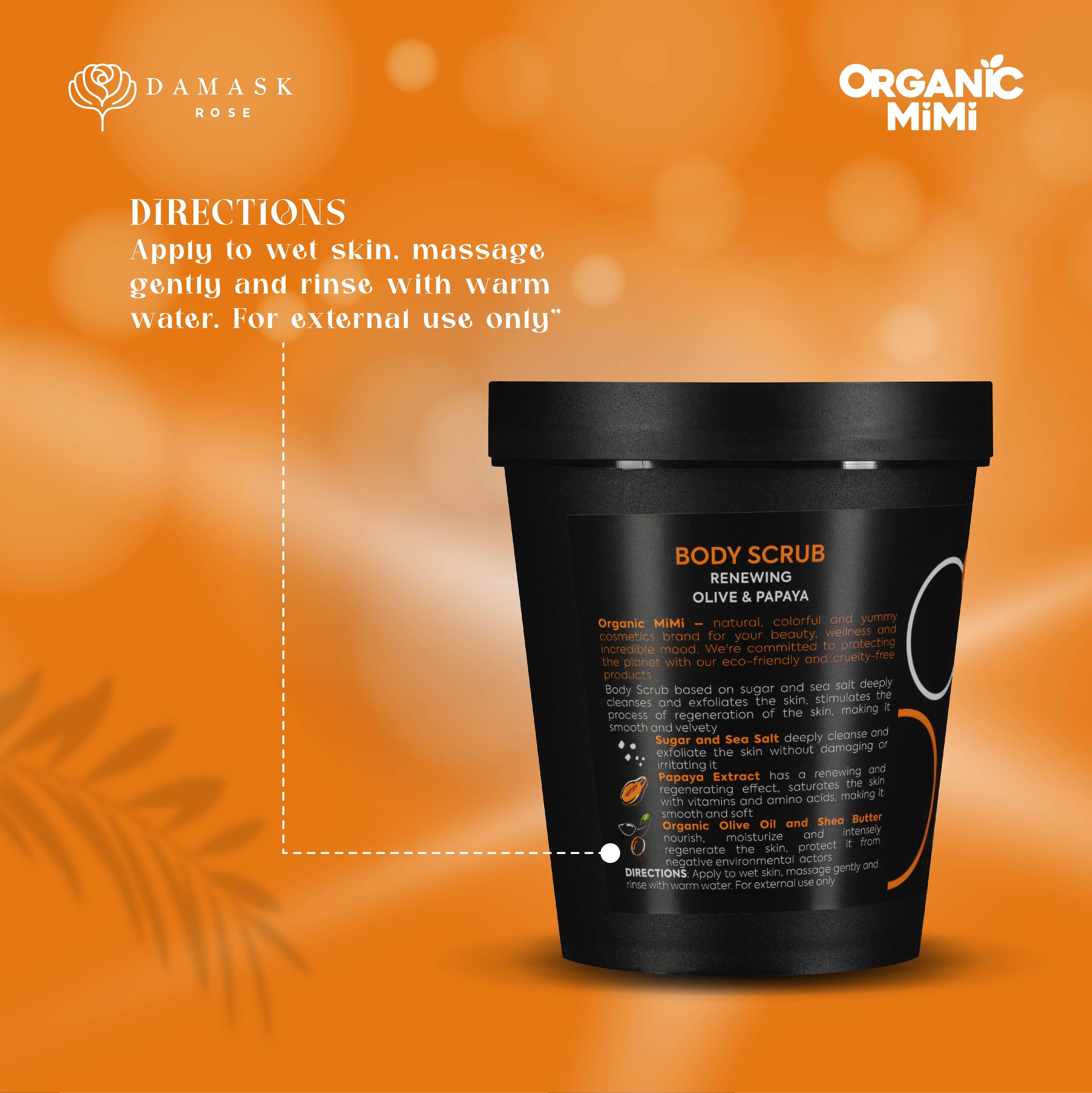 Organic Mimi Renewing Body Scrub – Olive & Papaya, 250g