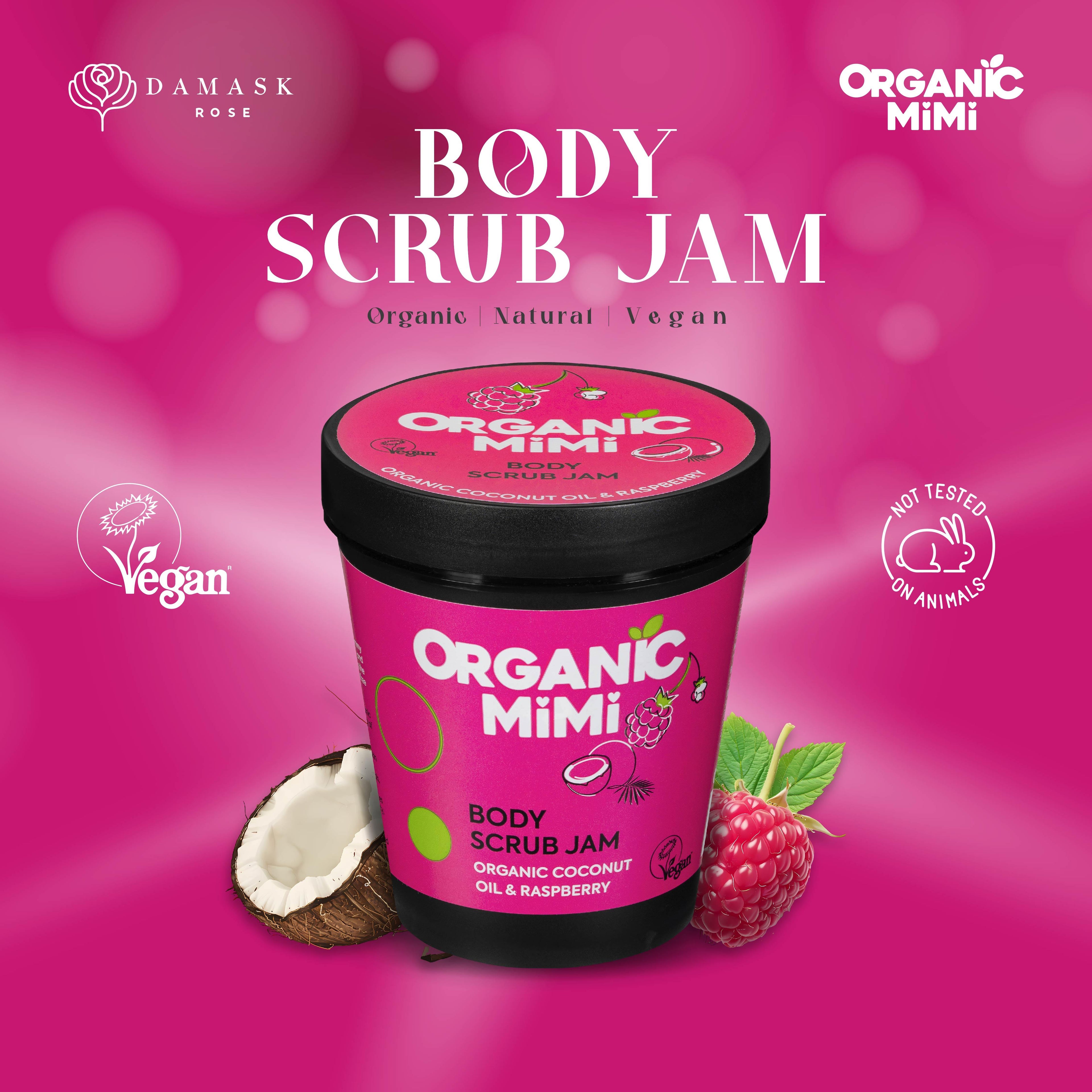 Organic Mimi Body Scrub Jam – Coconut & Raspberry, 250g