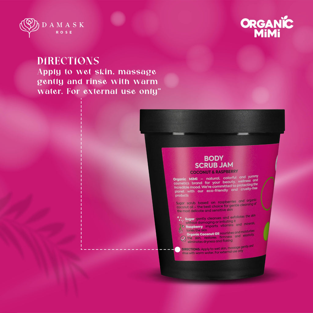 Organic Mimi Body Scrub Jam – Coconut & Raspberry, 250g