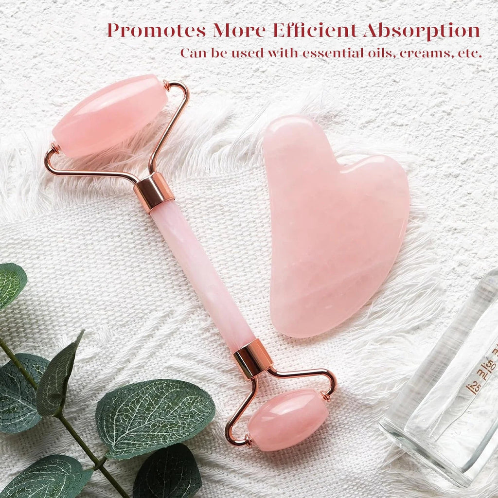 Jade Roller & Gua Sha Set – Natural Rose Quartz Facial Massage Tools, Pink