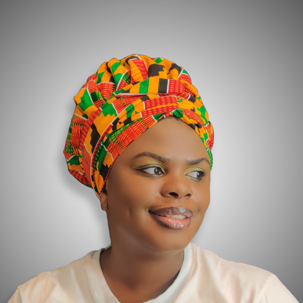 Duma Mbili African Print Bonnet Wrap – Satin-Lined with Belt, 88" Long