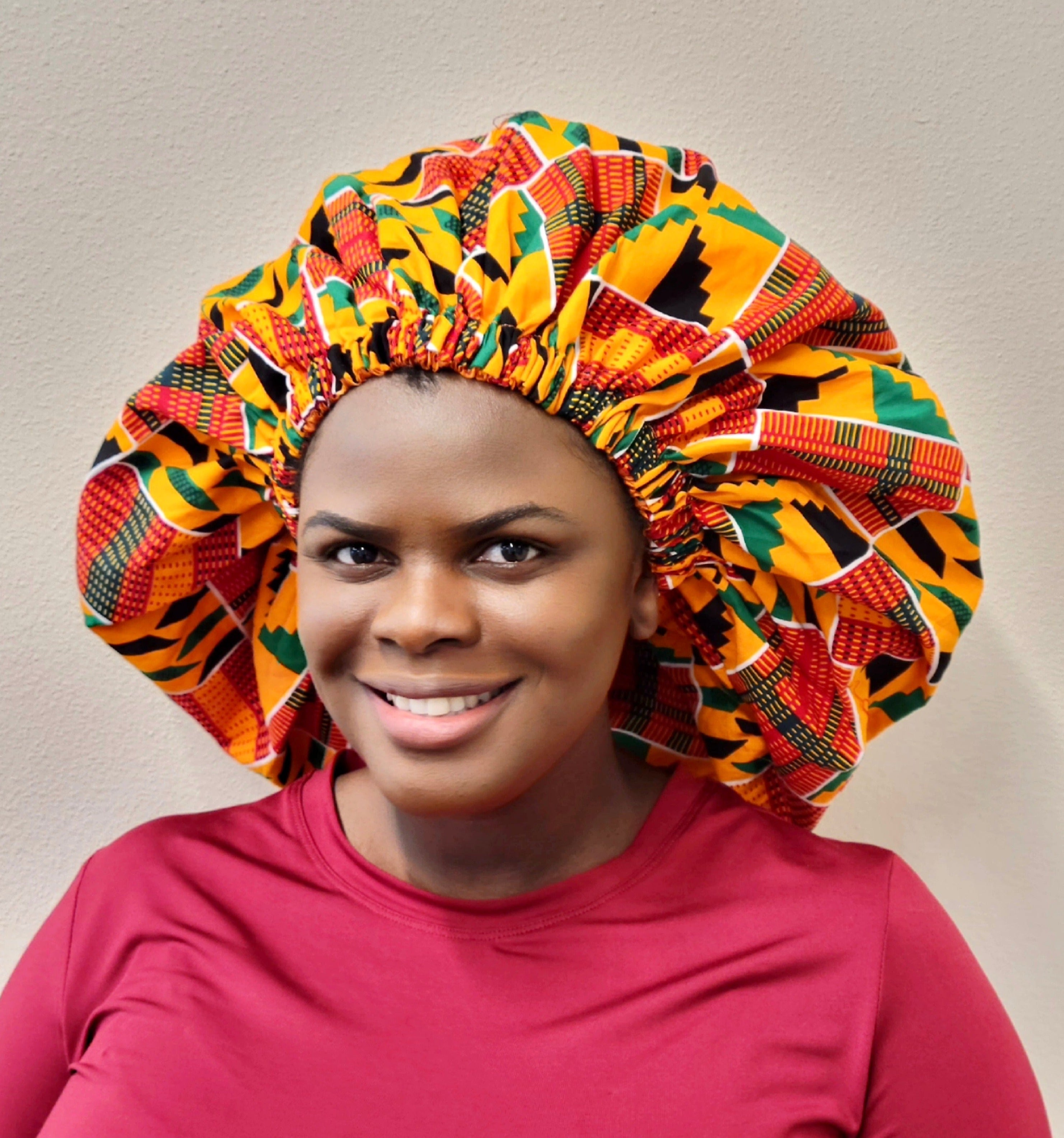 Duma Mbili XL Silk-Lined African Print Bonnet – Large Kente Design
