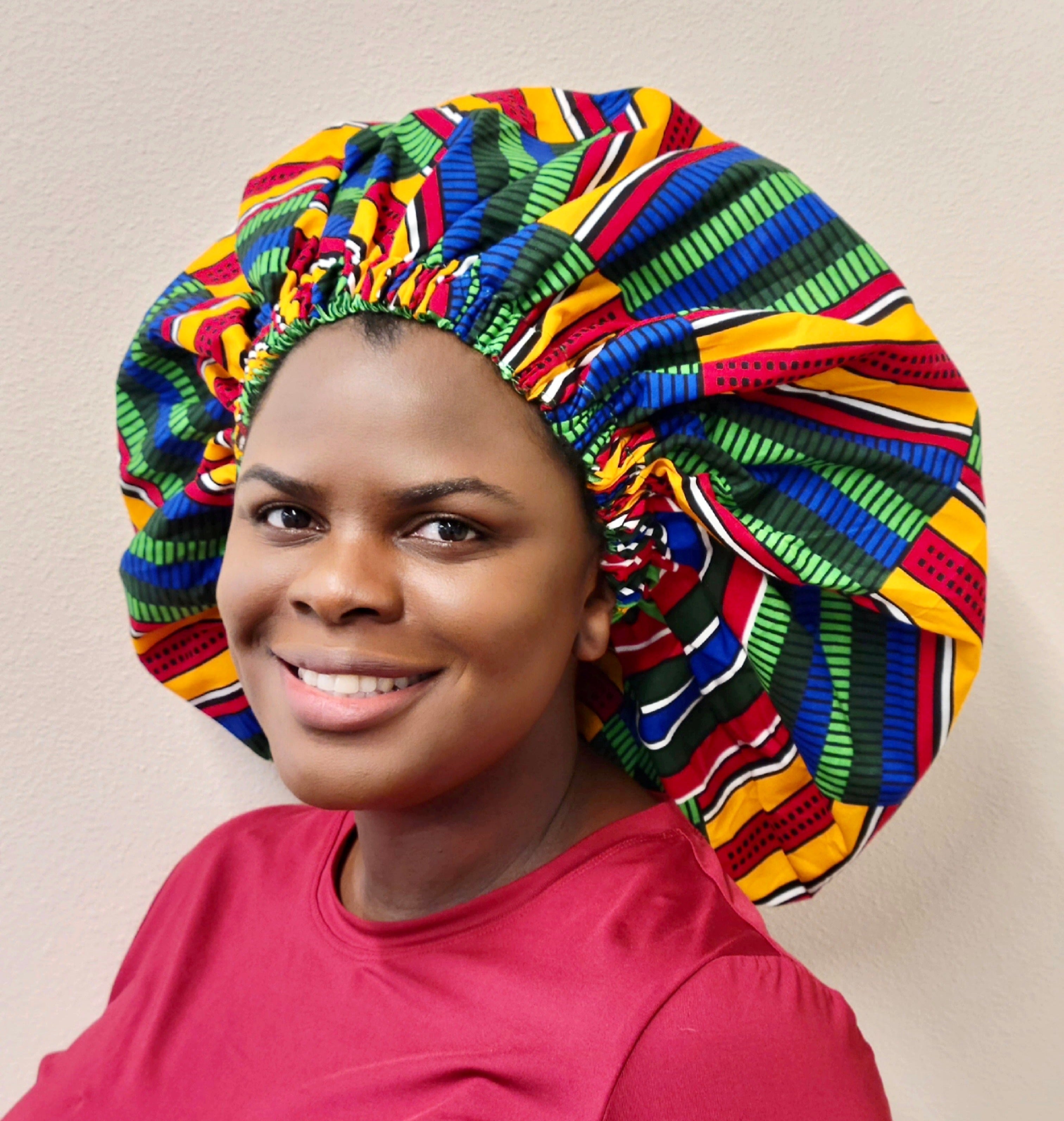 Duma Mbili XL Silk-Lined African Print Bonnet – Large Kente Design