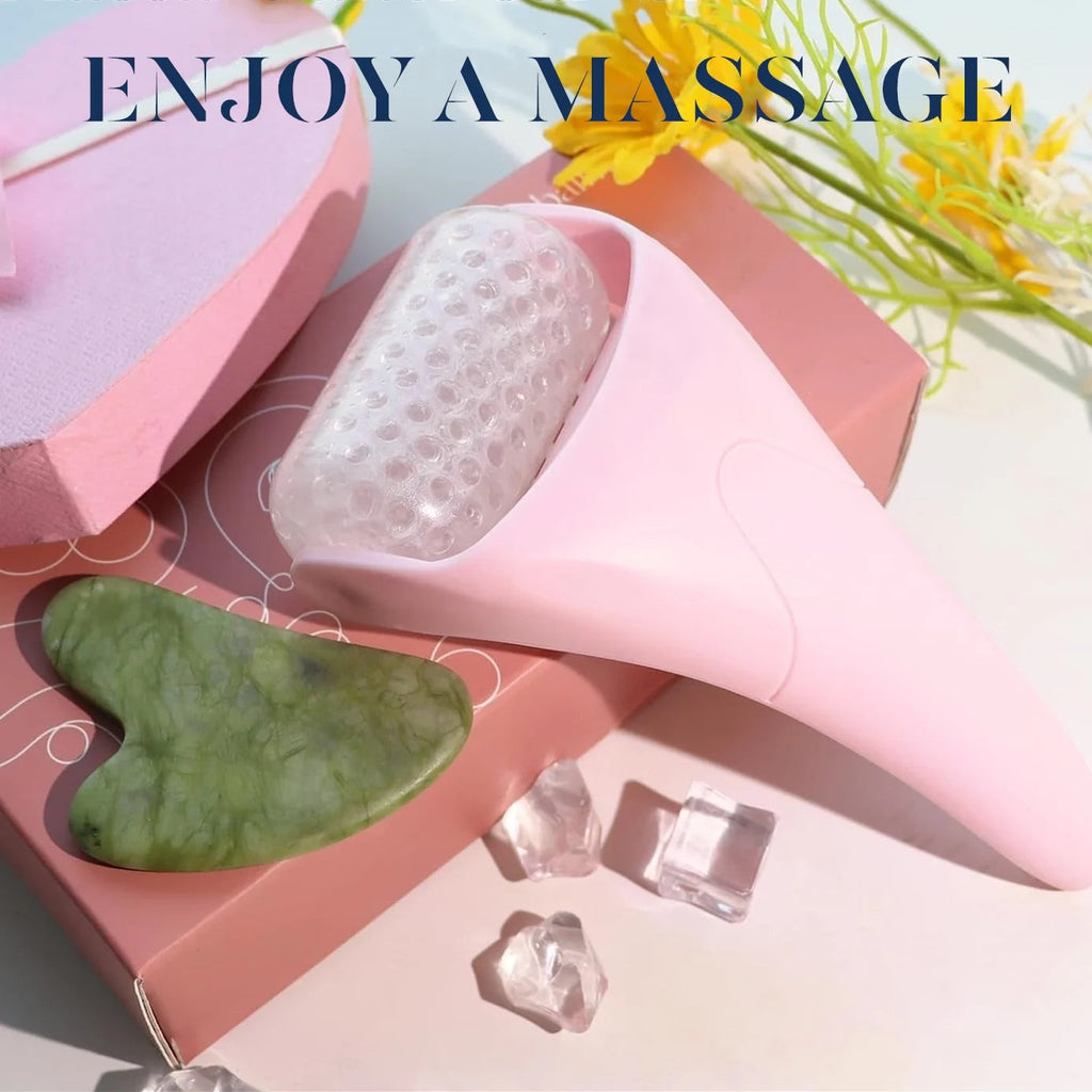 Ice Roller & Gua Sha Set – Cryotherapy Facial Massage for De-Puffing & Pore Minimizing, Pink