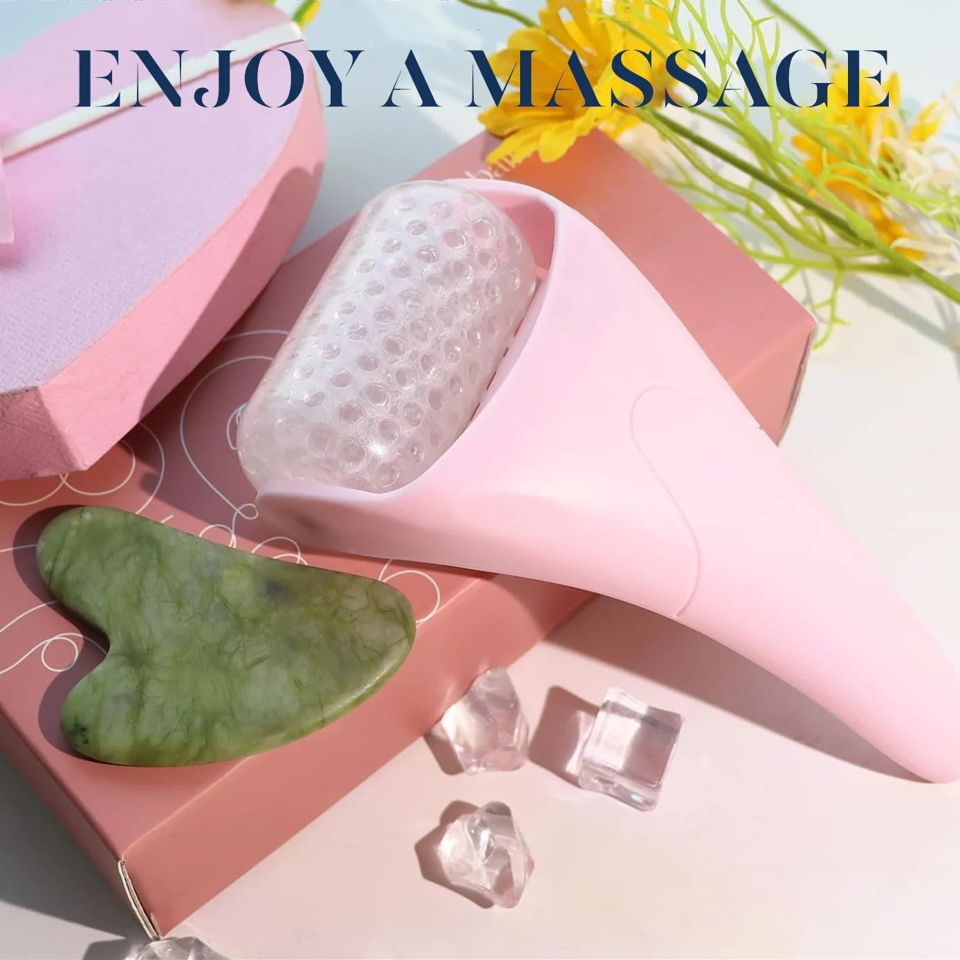 Ice Roller & Gua Sha Set – Cryotherapy Facial Massage for De-Puffing & Pore Minimizing, Pink