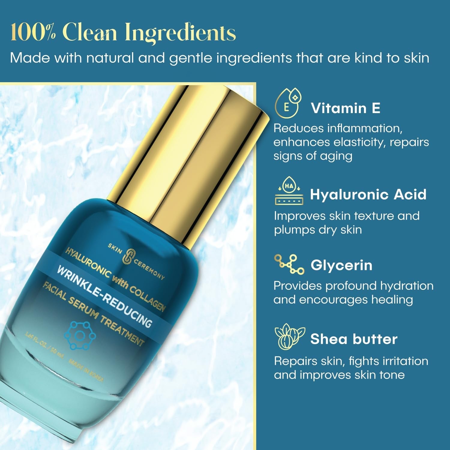 Hyaluronic Acid & Collagen Wrinkle Reducing Serum – Korean Deep Hydration 1.69 oz