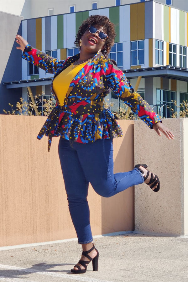 African Print Long Sleeve Peplum Blouse with Sash – Wax Print