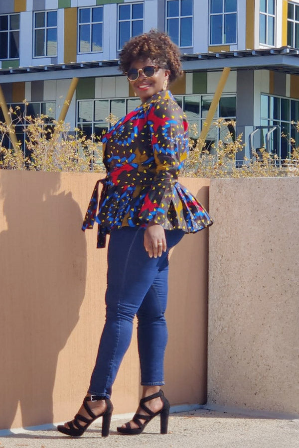 African Print Long Sleeve Peplum Blouse with Sash – Wax Print
