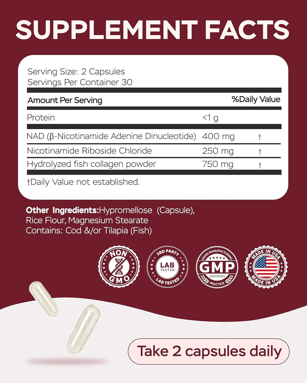 NAD Plus Supplement 1400mg with Nicotinamide Riboside, Collagen - 60 Capsules