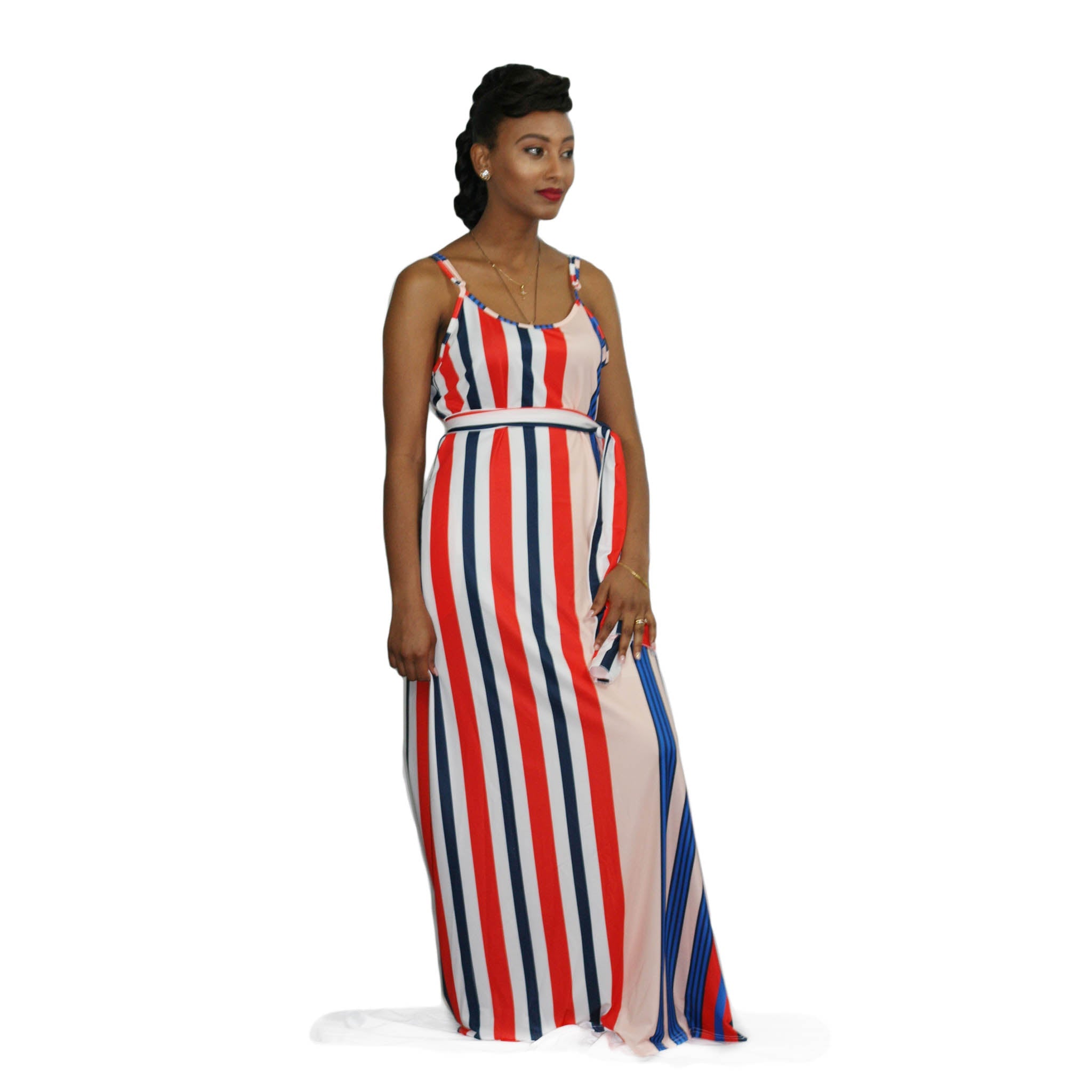 Two-Piece Striped Sleeveless Maxi Dress with Pockets – 80% Polyester, 10% Spandex