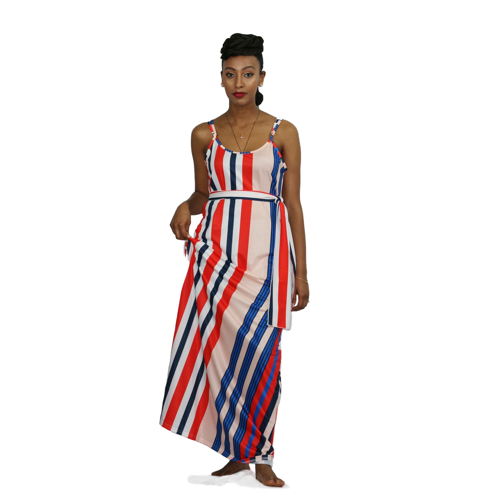 Two-Piece Striped Sleeveless Maxi Dress with Pockets – 80% Polyester, 10% Spandex