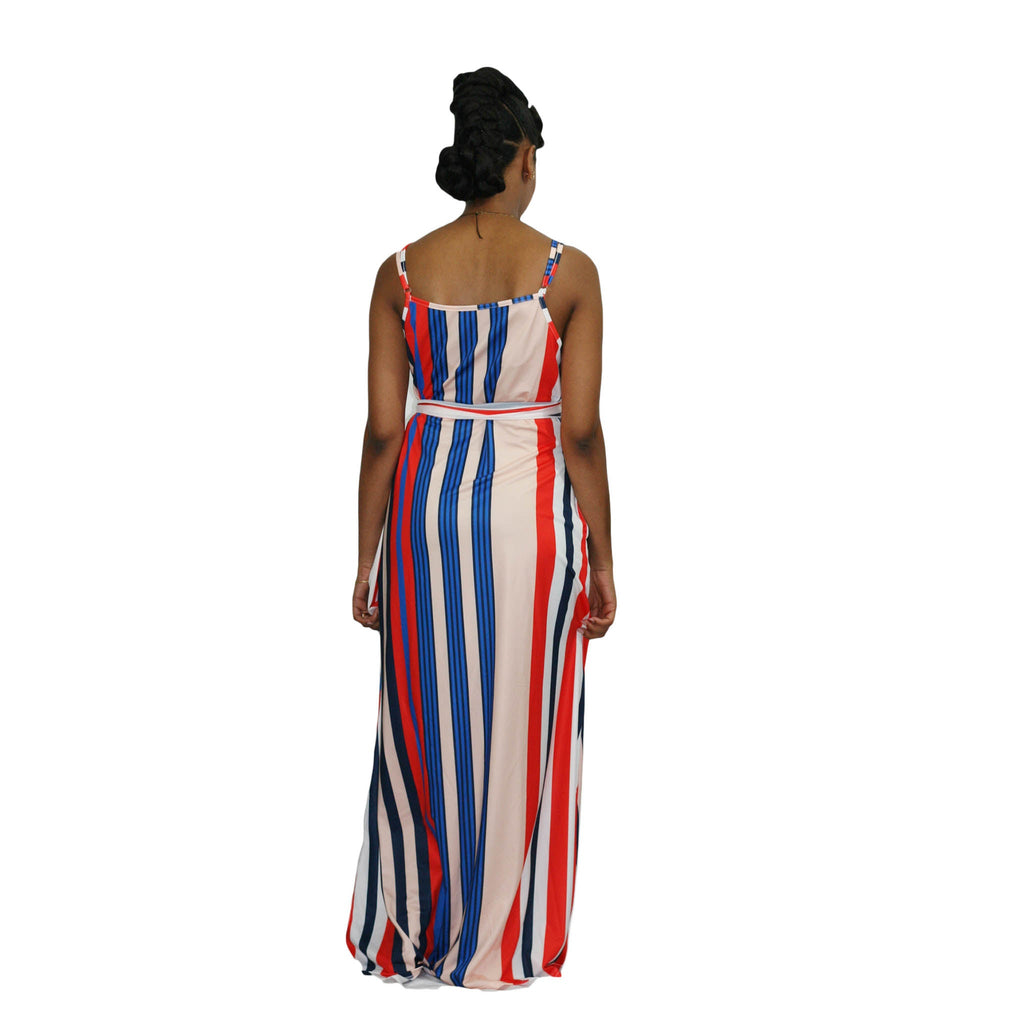 Two-Piece Striped Sleeveless Maxi Dress with Pockets – 80% Polyester, 10% Spandex