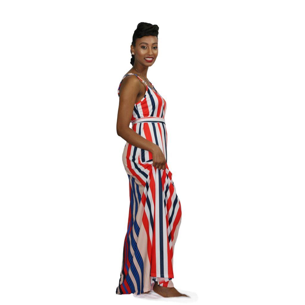 Two-Piece Striped Sleeveless Maxi Dress with Pockets – 80% Polyester, 10% Spandex