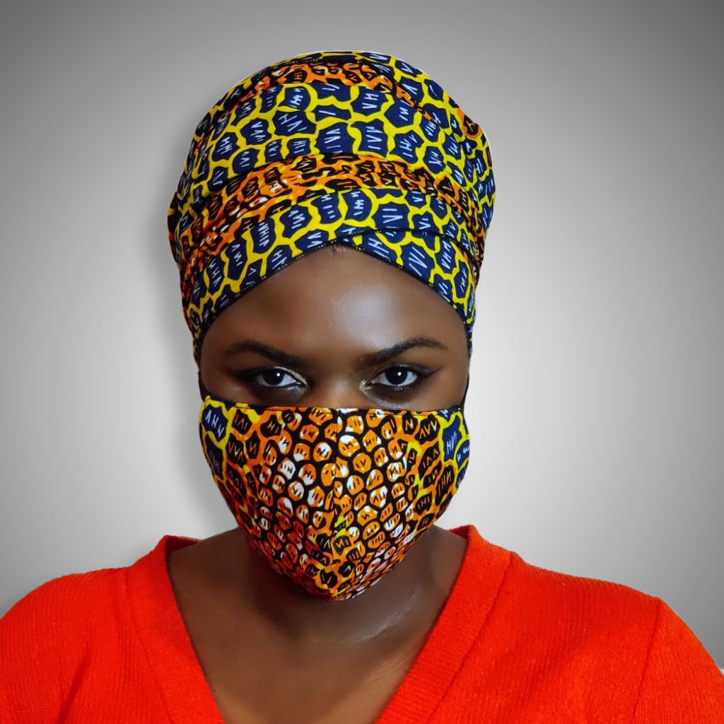 Duma Mbili African Print Headwrap with Face Mask – Double Layer Ankara, 180cm x 50cm