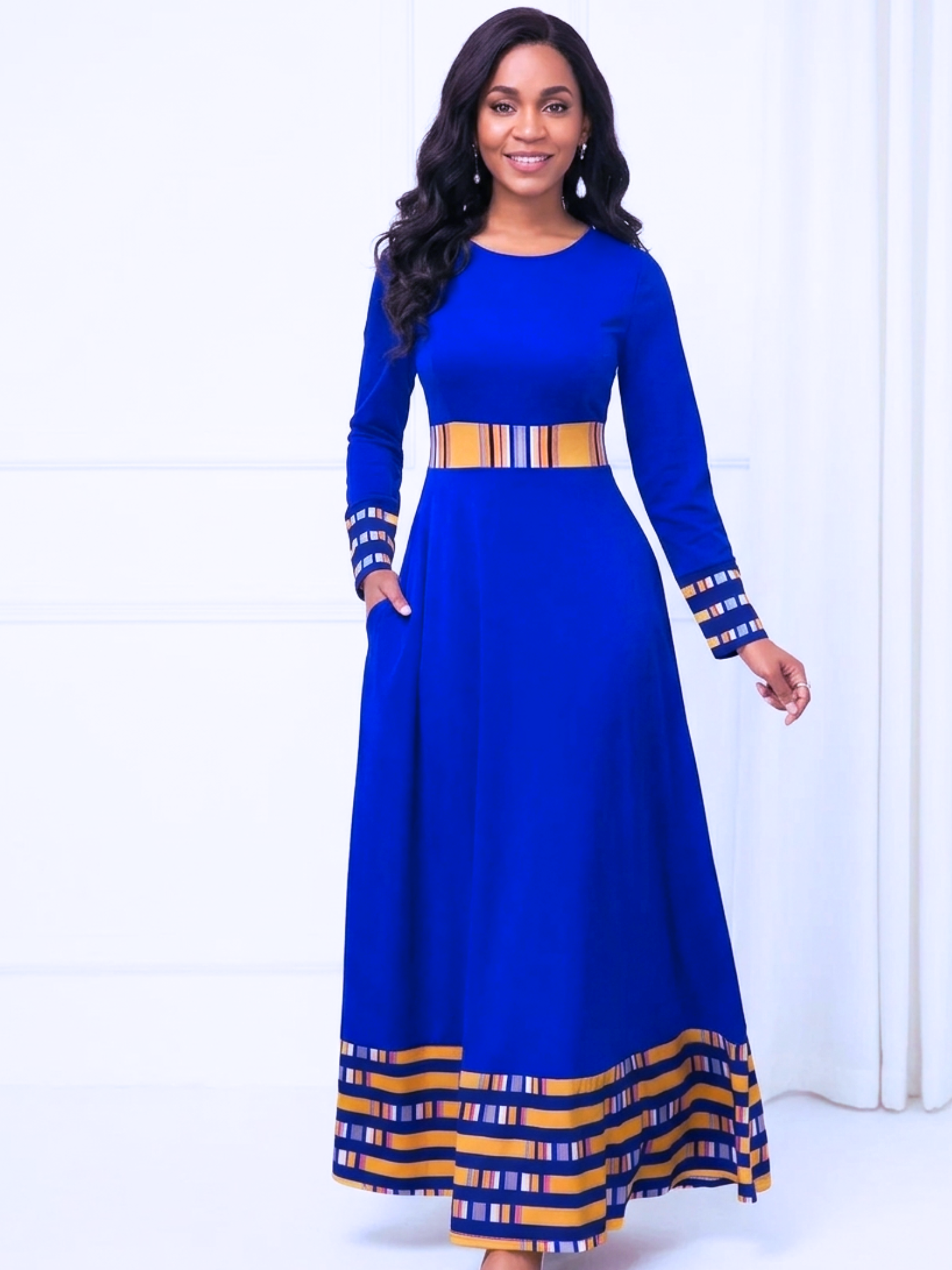 Dashiki Formal Long Sleeve Maxi Dress – African Blue Print, 72% Rayon
