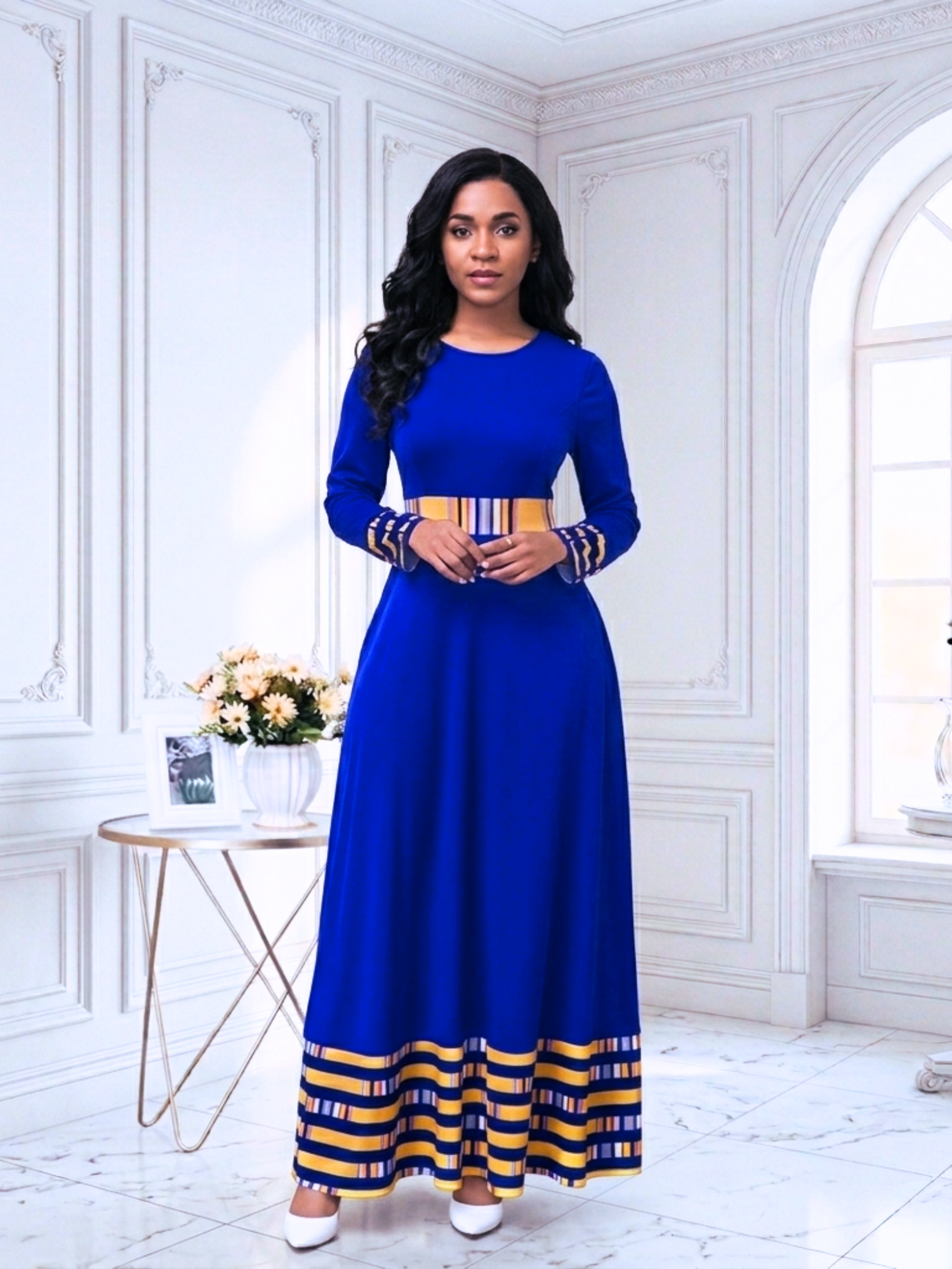 Dashiki Formal Long Sleeve Maxi Dress – African Blue Print, 72% Rayon