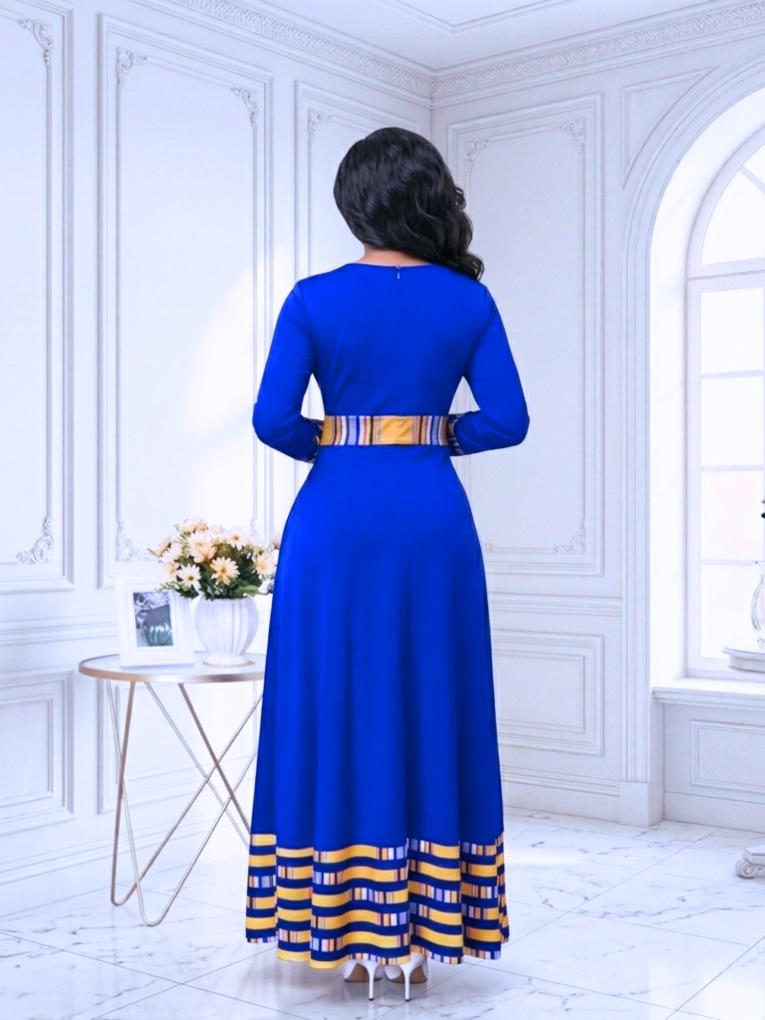 Dashiki Formal Long Sleeve Maxi Dress – African Blue Print, 72% Rayon