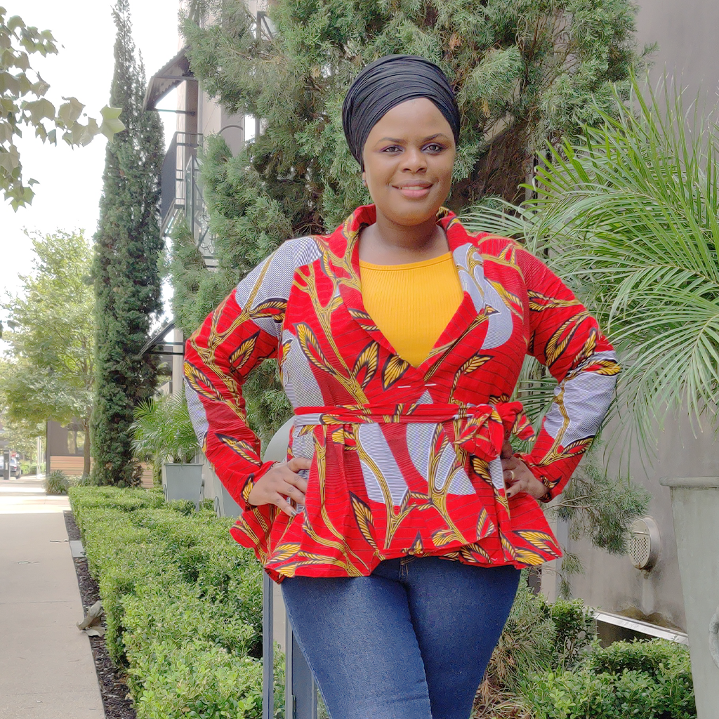 African Print Long Sleeve Peplum Blouse with Sash – Red Wax Print