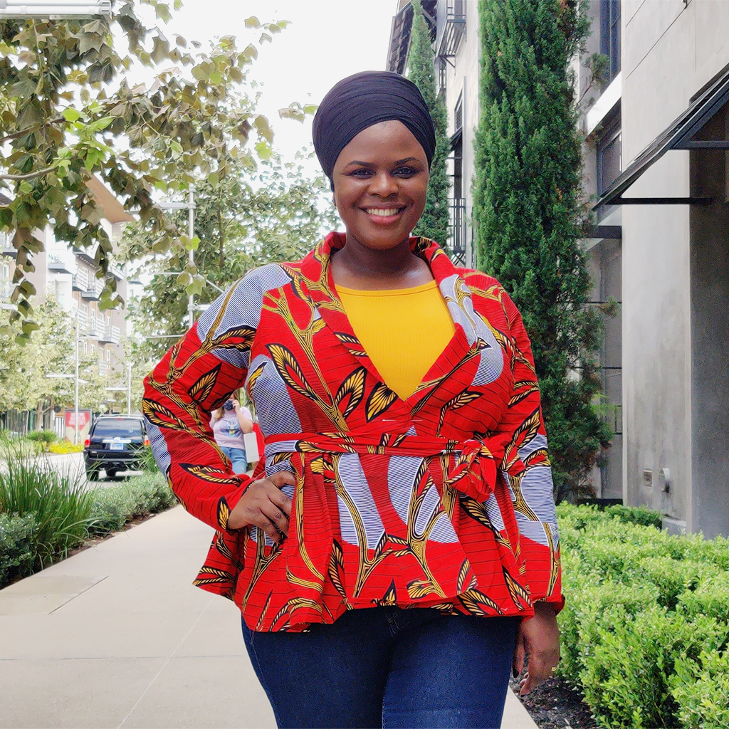 African Print Long Sleeve Peplum Blouse with Sash – Red Wax Print