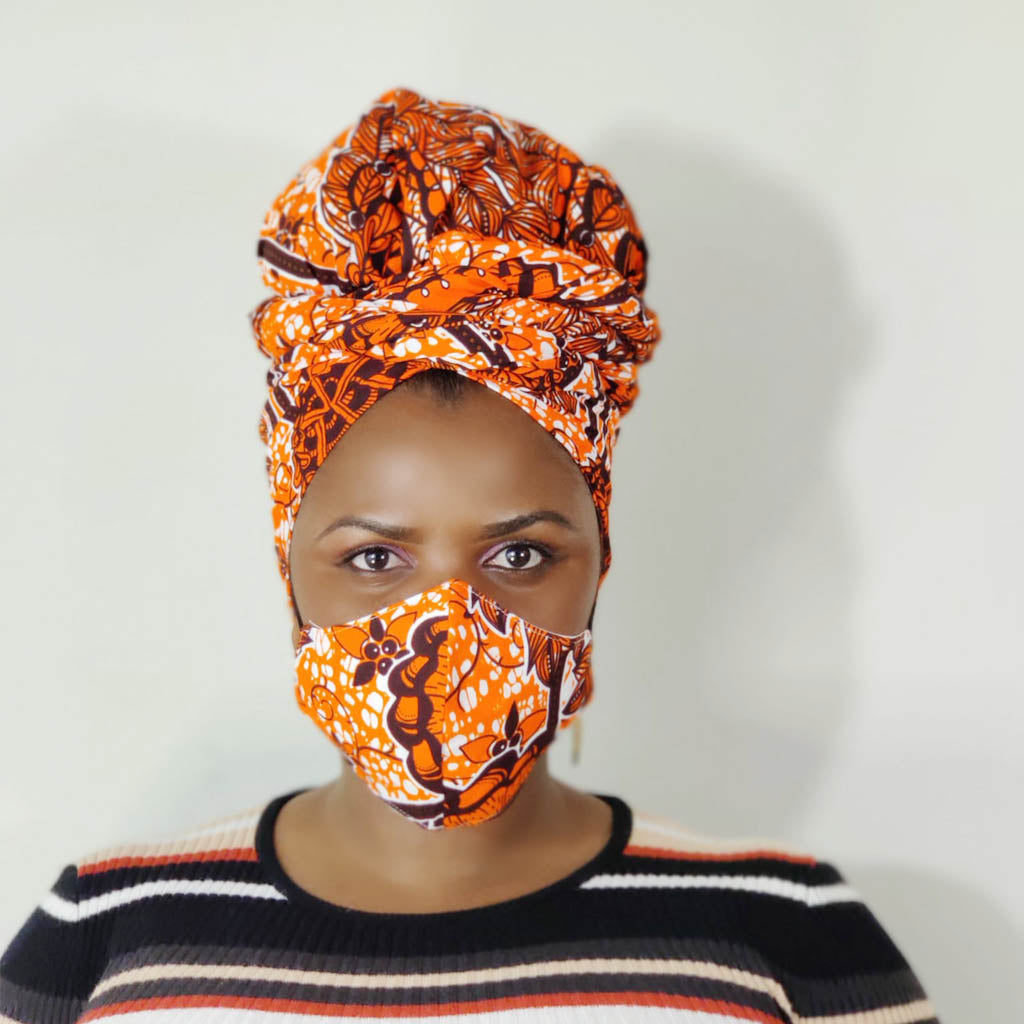 Duma Mbili African Print Headwrap with Face Mask – Double Layer Ankara, 180cm x 50cm