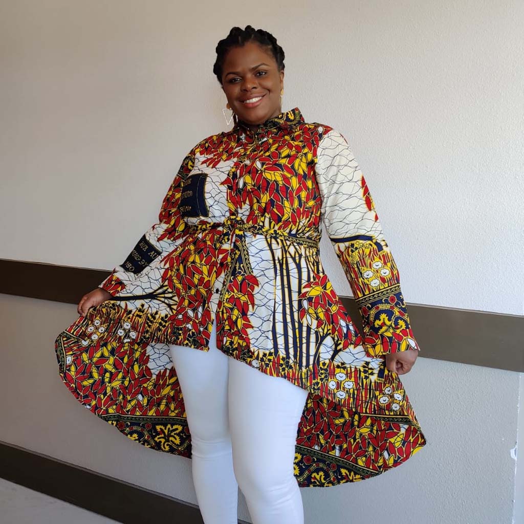 Kente African Print High-Low Button-Up Shirt – White Red Honey, 100% Cotton