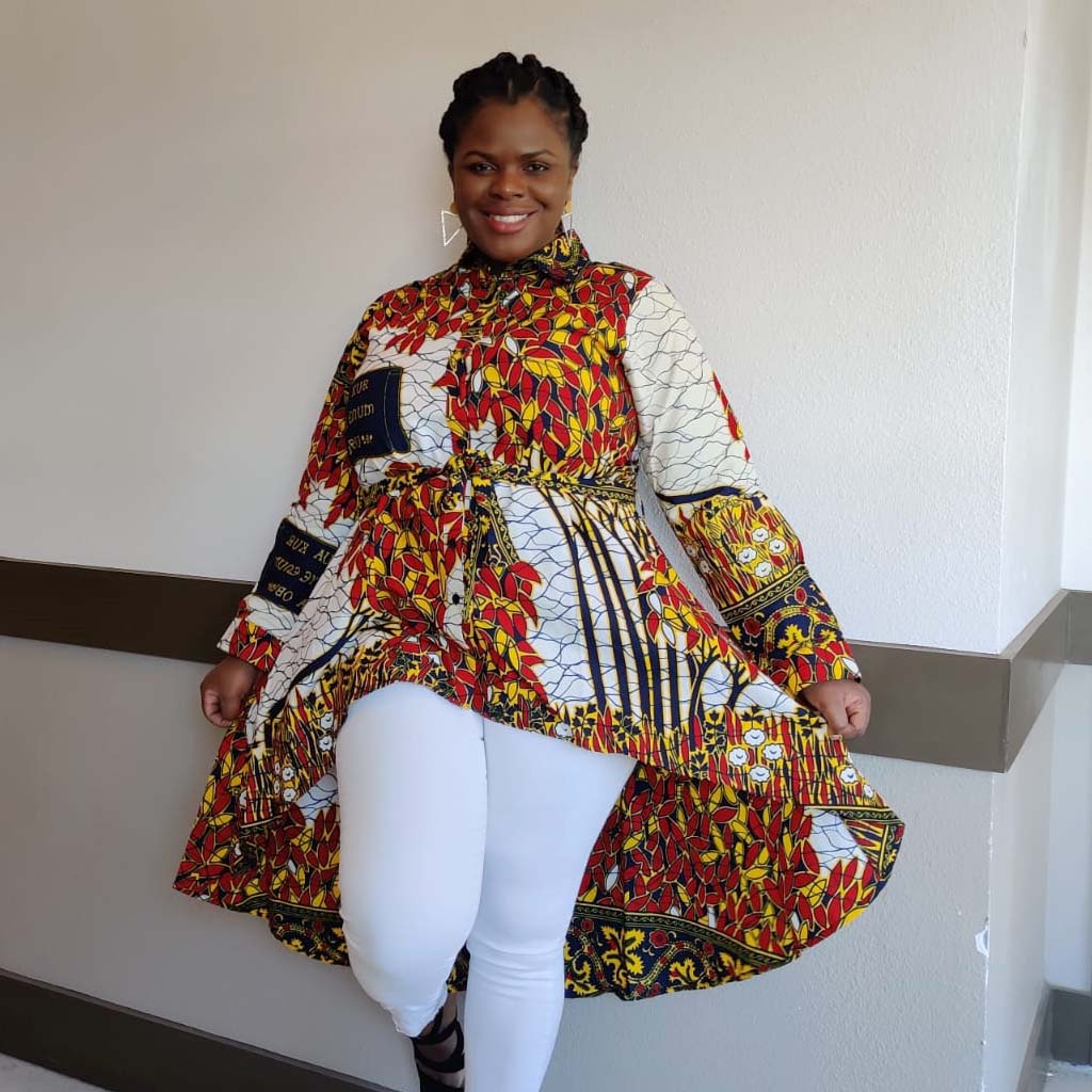 Kente African Print High-Low Button-Up Shirt – White Red Honey, 100% Cotton