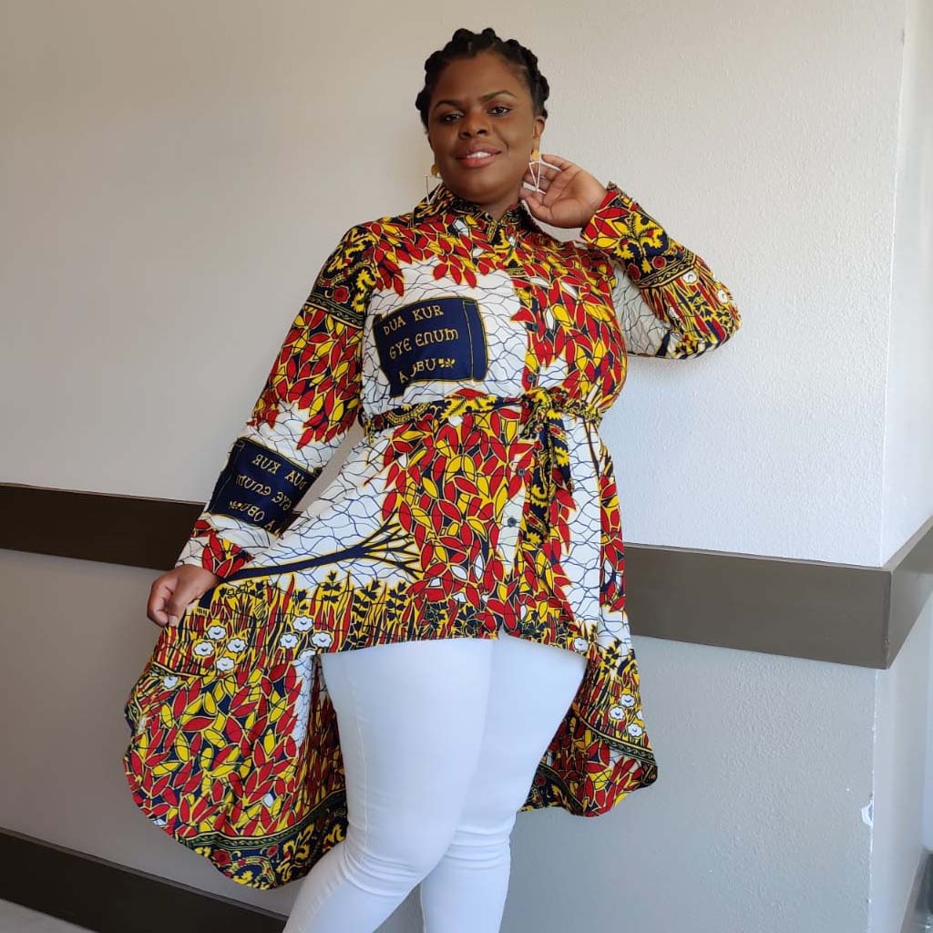 Kente African Print High-Low Button-Up Shirt – White Red Honey, 100% Cotton