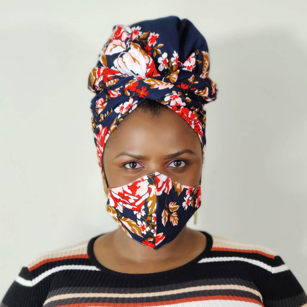 Duma Mbili African Print Headwrap with Face Mask – Double Layer Ankara, 180cm x 50cm