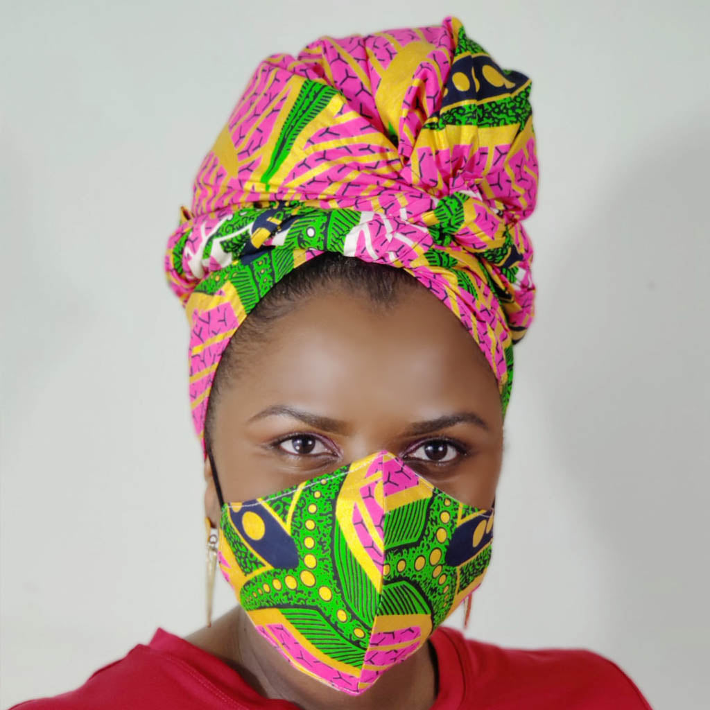 Duma Mbili African Print Headwrap with Face Mask – Double Layer Ankara, 180cm x 50cm
