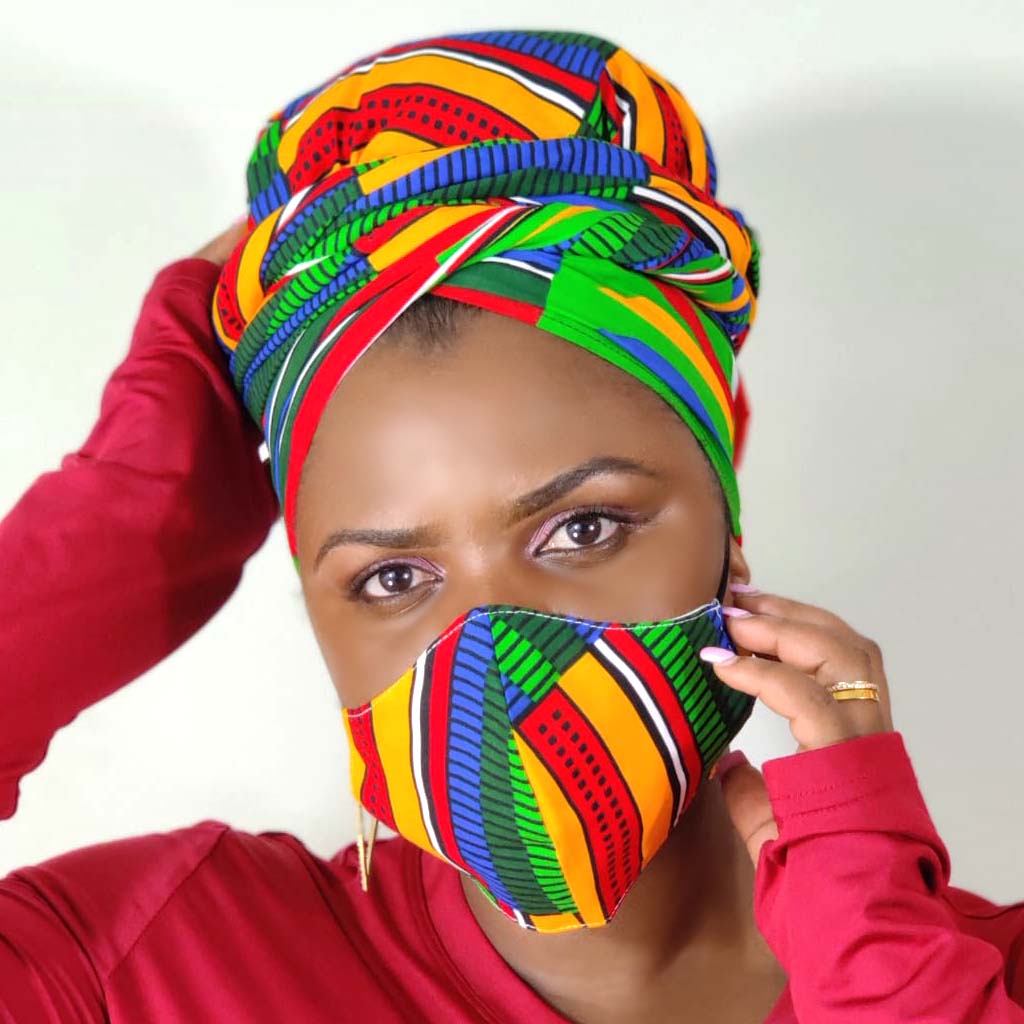 Duma Mbili African Print Headwrap with Face Mask – Double Layer Ankara, 180cm x 50cm