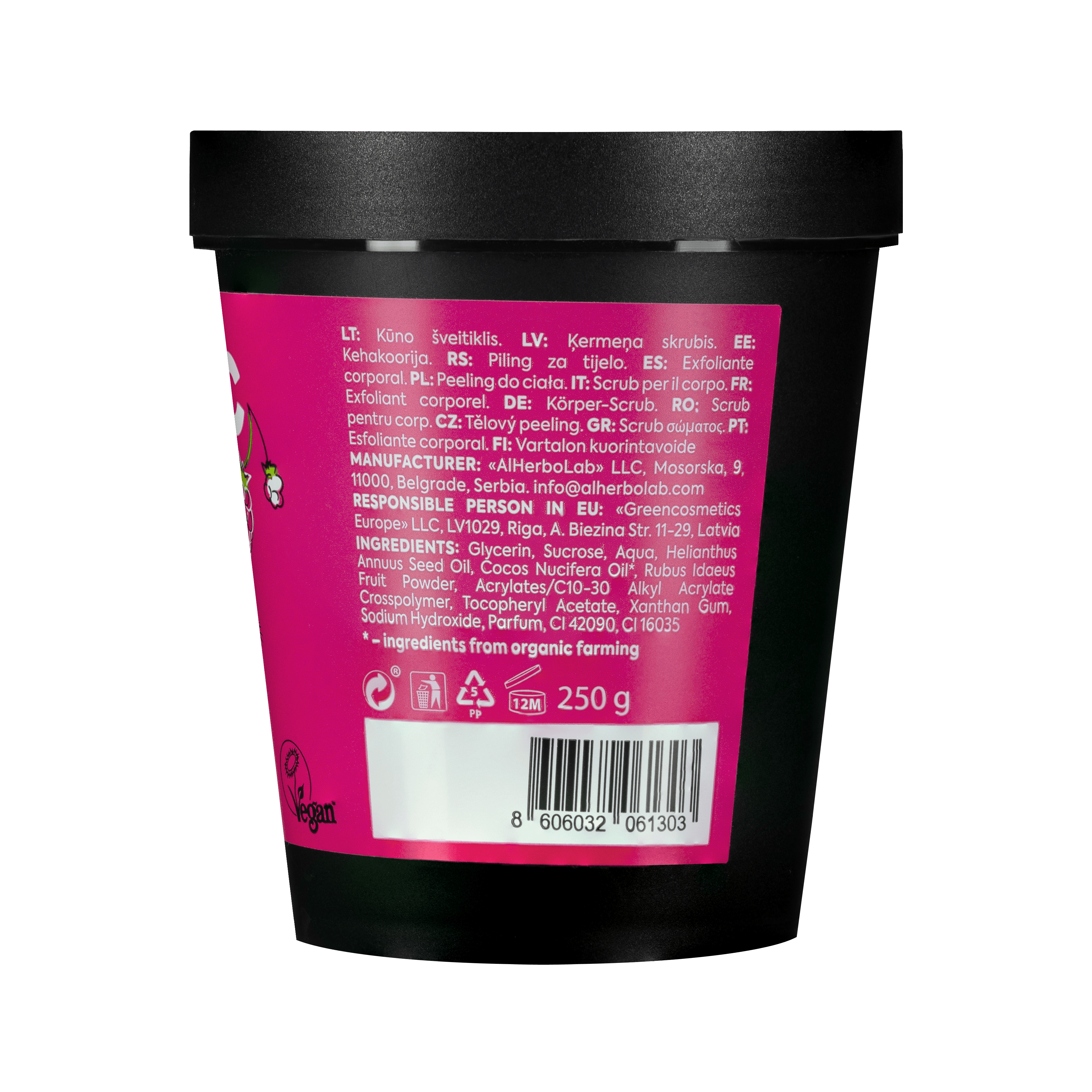 Organic Mimi Body Scrub Jam – Coconut & Raspberry, 250g