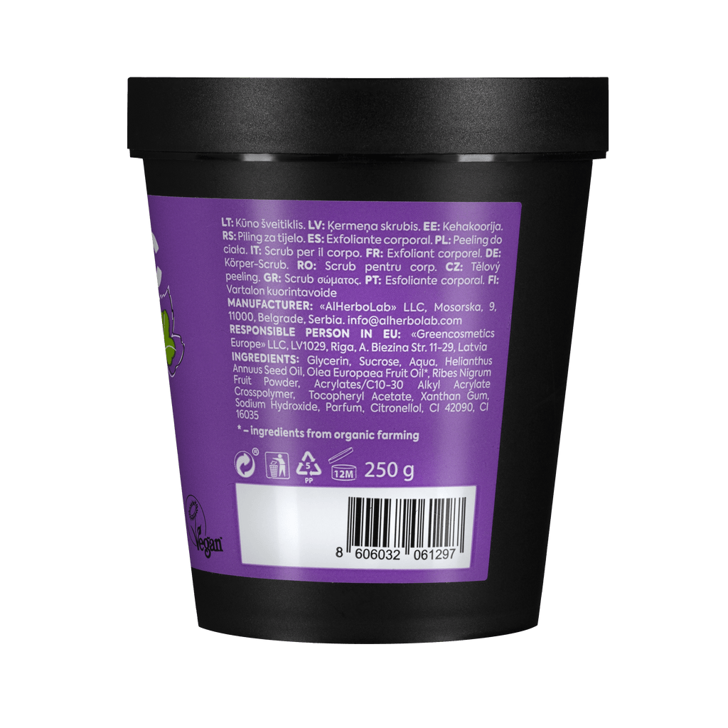 Organic Mimi Body Scrub Jam – Olive & Black Currant, 250g