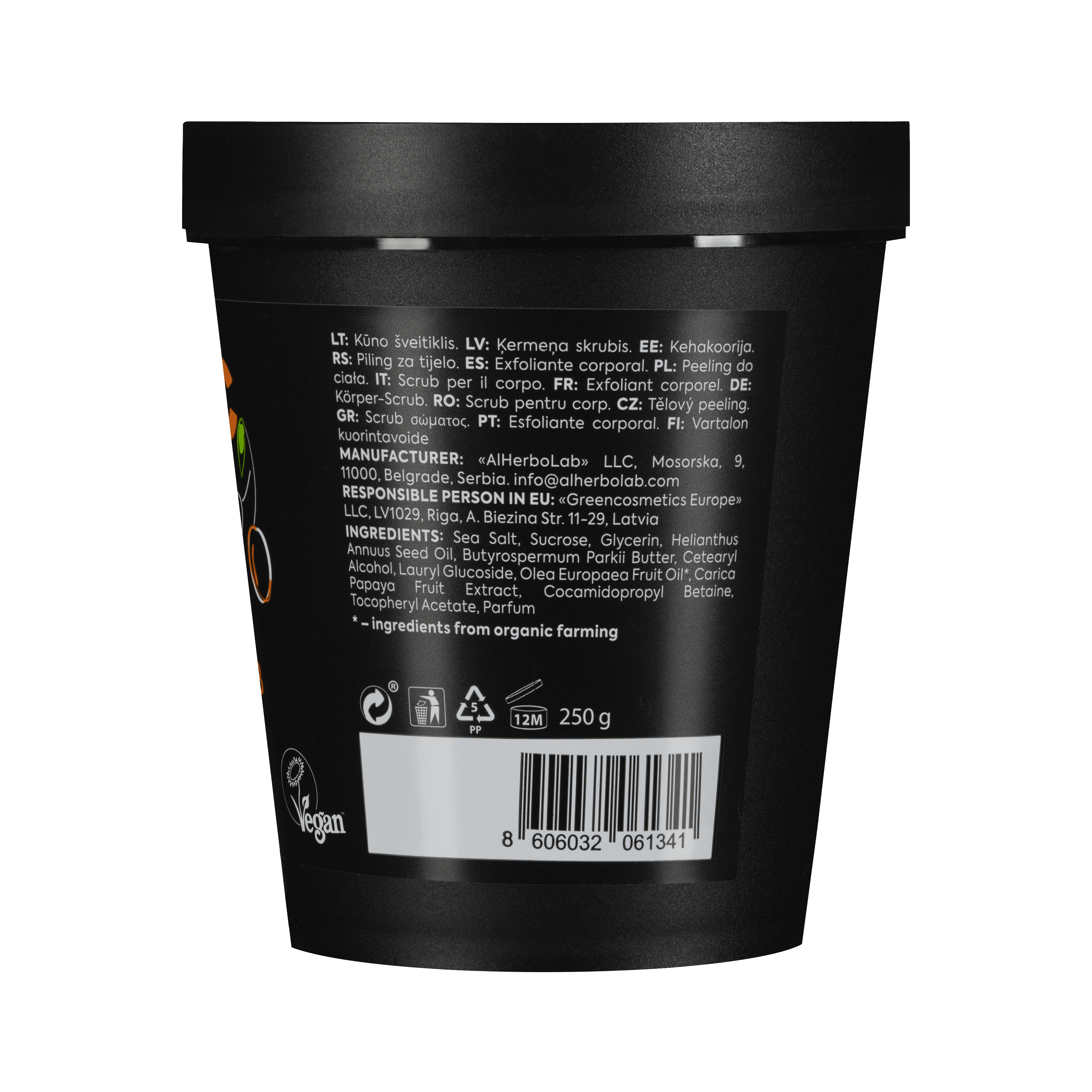 Organic Mimi Renewing Body Scrub – Olive & Papaya, 250g