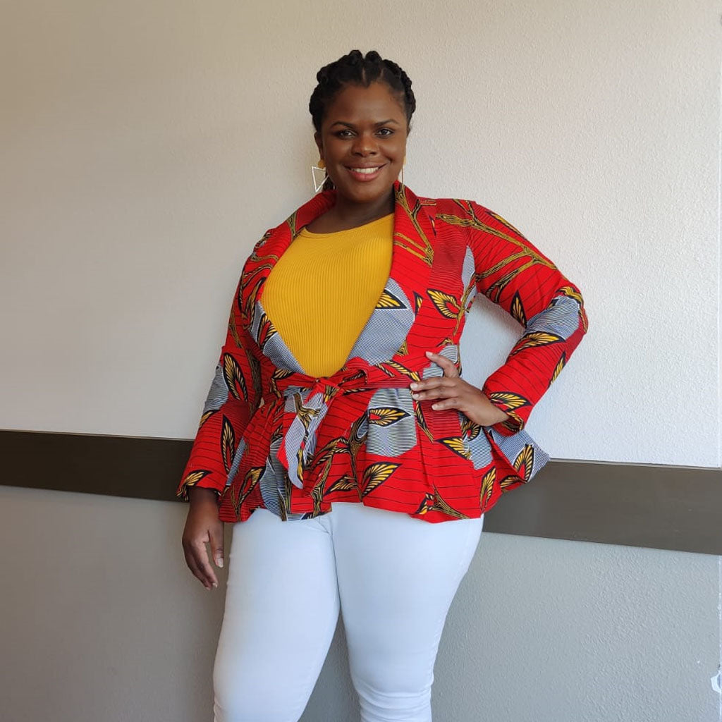 African Print Long Sleeve Peplum Blouse with Sash – Red Wax Print