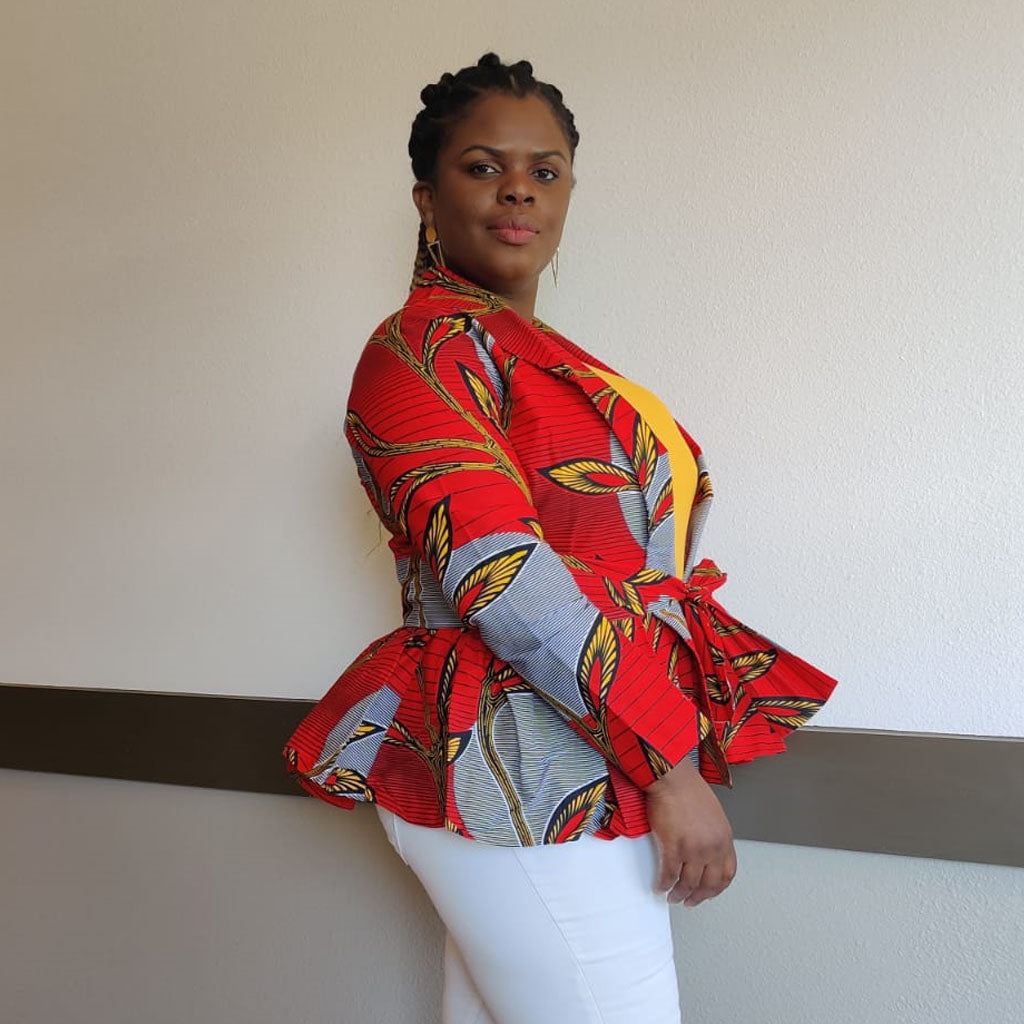 African Print Long Sleeve Peplum Blouse with Sash – Red Wax Print