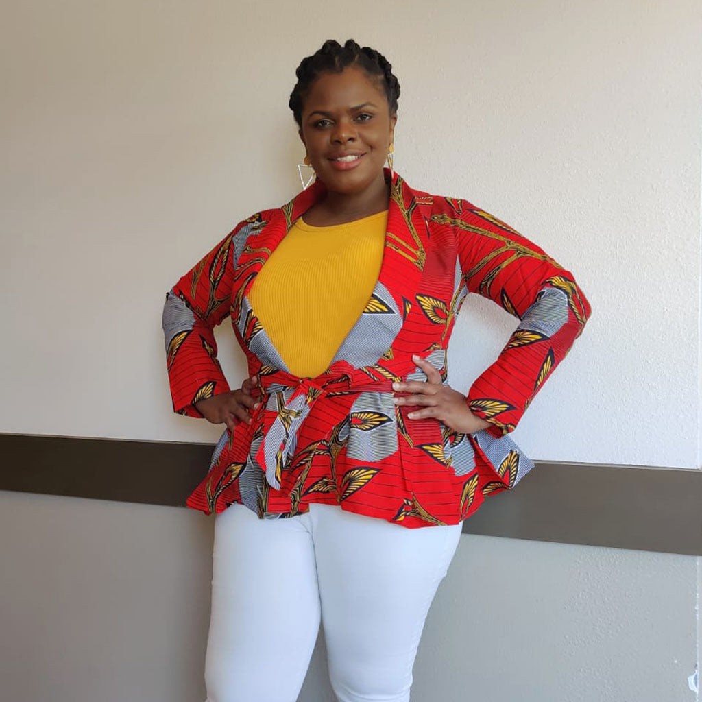 African Print Long Sleeve Peplum Blouse with Sash – Red Wax Print