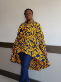 Kente African Print High-Low Button-Up Shirt – Blue Yellow, 100% Cotton